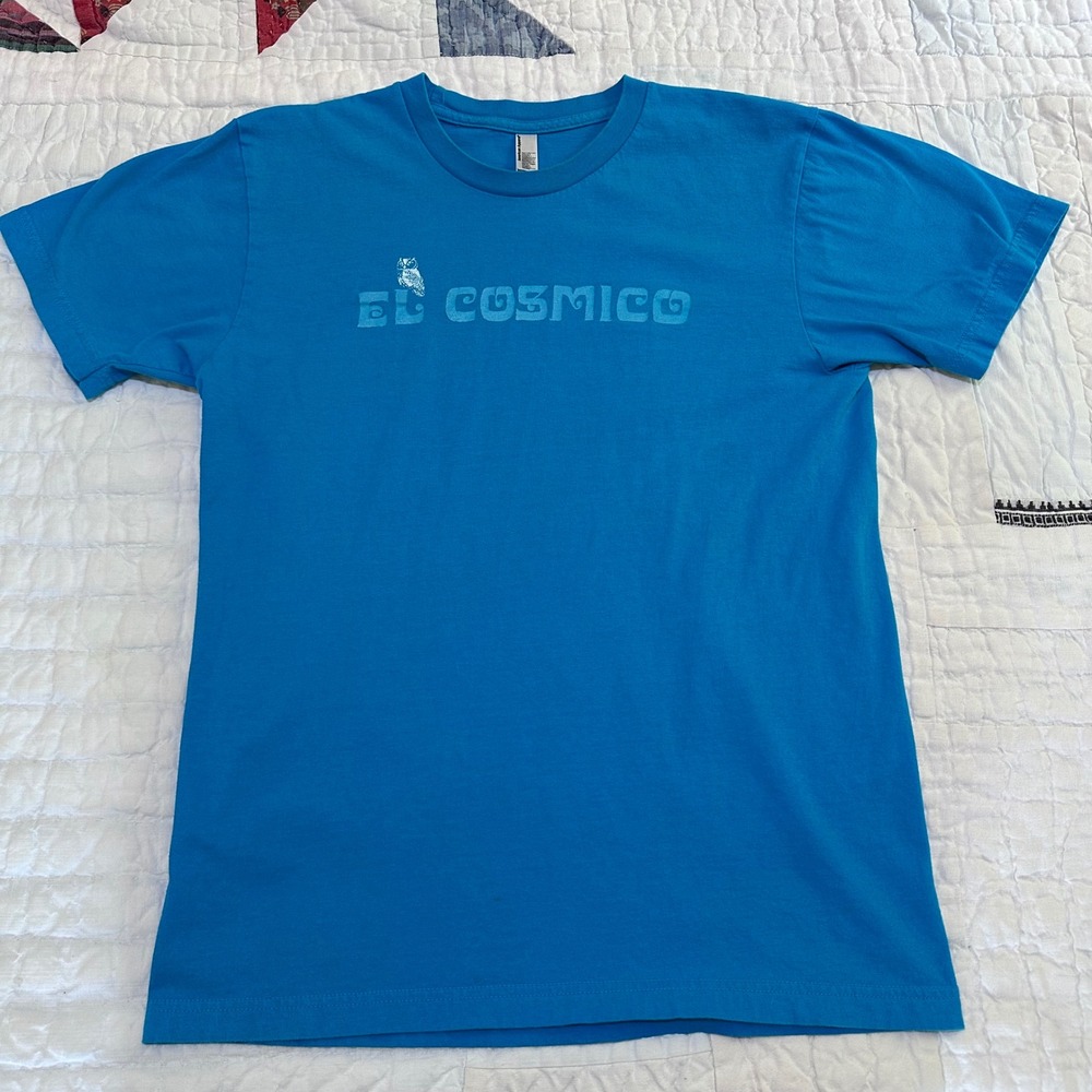 American Apparel El Cosmico Graphic T-Shirt Blue Marfa Texas Owl Logo Medium